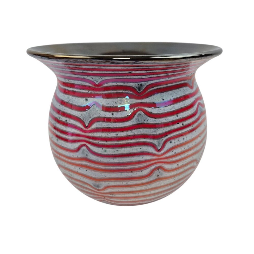Studio Art Glass Vase Red Ribbon Stripe Black interior Hand Blown Contemporary - Picture 4 of 10